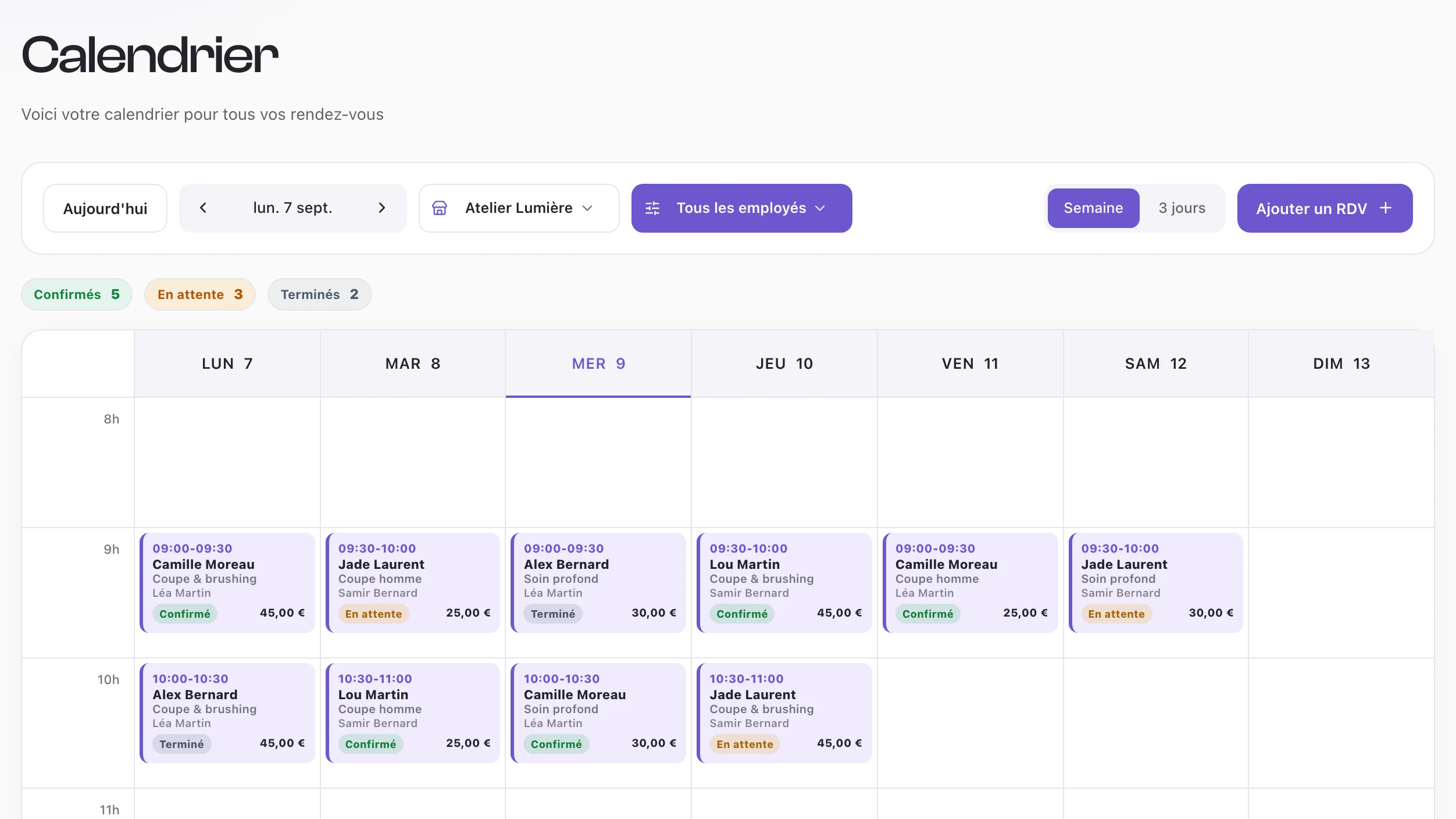 L’agenda PlannerClock : tous les jours de la semaine, les filtres et les rendez-vous de l’équipe